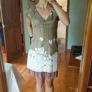 Floral Print Silk Shirt Dress with Tulle Ruffle